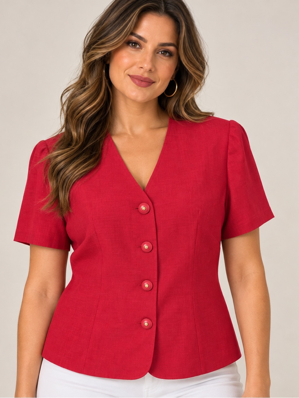 Red Short-Sleeve V-Neck Button Blazer